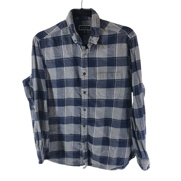 Club Room Mens Flannel Shirt Button Down Chest Pocket Cotton Plaid Gray Blue M - Picture 1 of 4